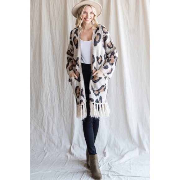 SOLD OUT Oatmeal Leopard Animal Printed Fringe Hem Open Knit Cardigan Sweater - Picture 8 of 9